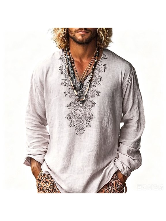 Men Vintage Bohemian Ethnic Chest Print Notch V Neck Rollable Long Sleeve Relaxed Fit Faux Linen Casual Vacation Pullover Top
