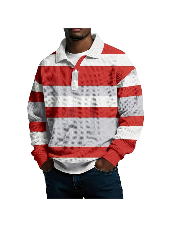 Men Waffle Knit Wide Horizontal Stripe Turndown Collar Long Sleeve Top, Two Button Half Placket Relaxed Casual Pullover Shirt for Daily Street Weekend Wear(Red,M)Blouses & Tops