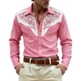 thumbnail image 1 of IROINNID Men Western Floral Embroidery Contrast Yoke Turndown Collar Long Sleeve Button Down Shirt, Vintage Cowboy Casual Dress Top for Party Stage Daily Western Style Outfit(Pink,S), 1 of 4