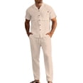 thumbnail image 1 of IROINNID Men's 2 Piece Casual Short Sleeve Button Down Camp Collar Shirt and Drawstring Pants Linen Blend Summer Beach Vacation Outfit, 1 of 8