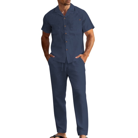 IROINNID Men's 2 Piece Casual Short Sleeve Button Down Camp Collar Shirt and Drawstring Pants Linen Blend Summer Beach Vacation Outfit