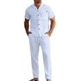 thumbnail image 1 of IROINNID Men's 2 Piece Casual Short Sleeve Button Down Camp Collar Shirt and Drawstring Pants Linen Blend Summer Beach Vacation Outfit, 1 of 8