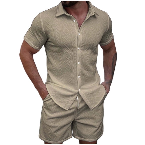 IROINNID Men's 2 Piece Casual Short Sleeve Button Down Shirt and Shorts Set Textured Jacquard Turndown Collar for Summer Beach Vacation