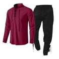 thumbnail image 1 of IROINNID Men's 2 Piece Lace Up Shirt and Pants Set Linen Blend Stand Collar Casual Beach Summer Renaissance Viking Style Outfit, 1 of 2