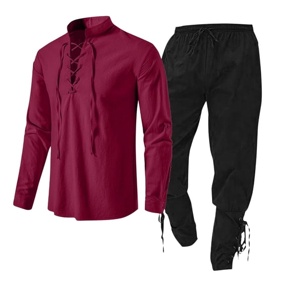 IROINNID Men's 2 Piece Lace Up Shirt and Pants Set Linen Blend Stand Collar Casual Beach Summer Renaissance Viking Style Outfit