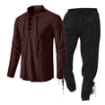 thumbnail image 1 of IROINNID Men's 2 Piece Lace Up Shirt and Pants Set Linen Blend Stand Collar Casual Beach Summer Renaissance Viking Style Outfit, 1 of 2