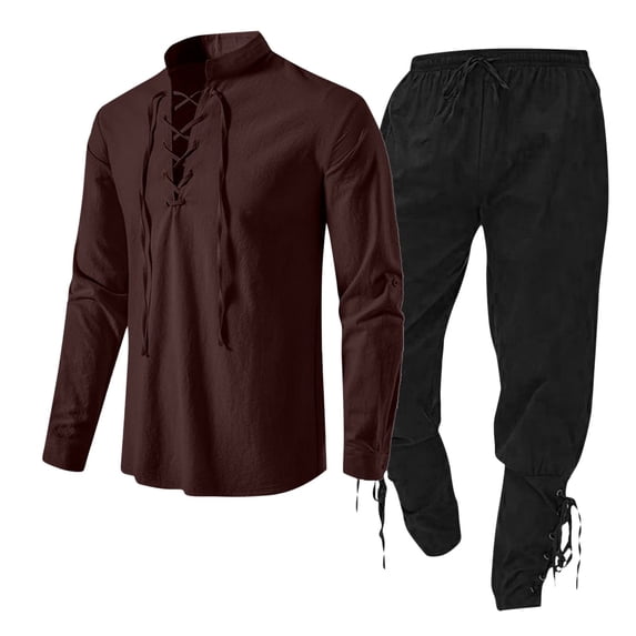 IROINNID Men's 2 Piece Lace Up Shirt and Pants Set Linen Blend Stand Collar Casual Beach Summer Renaissance Viking Style Outfit
