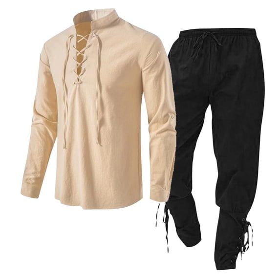 IROINNID Men's 2 Piece Lace Up Shirt and Pants Set Linen Blend Stand Collar Casual Beach Summer Renaissance Viking Style Outfit