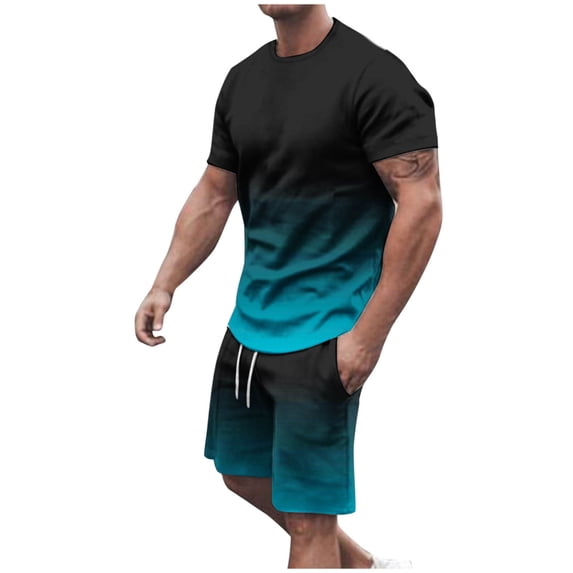 IROINNID Men's 2 Piece Short Sleeve Gradient T Shirt and Shorts Set Crew Neck Ombre Summer Casual Outfit with Drawstring Waist