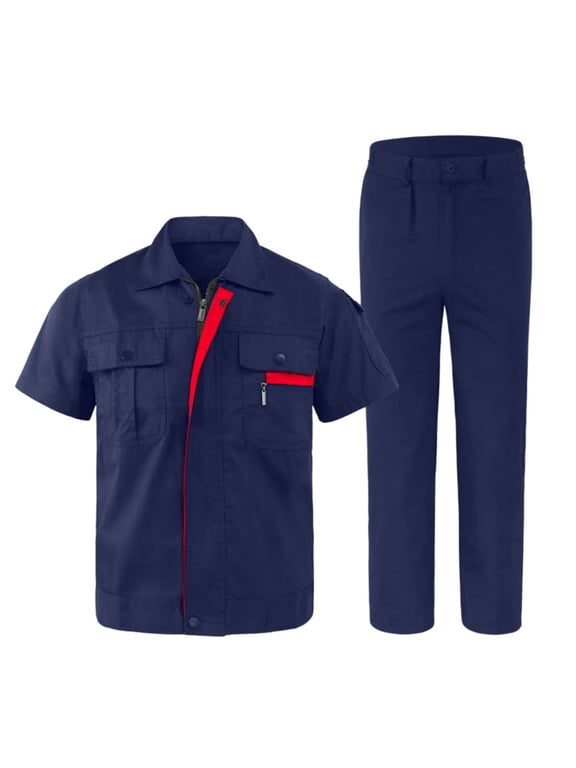 Men's 2 Piece Short Sleeve Work Uniform Set Zipper Front Shirt and Straight Leg Pants Breathable Durable Mechanic Repair Shop Utility Clothing