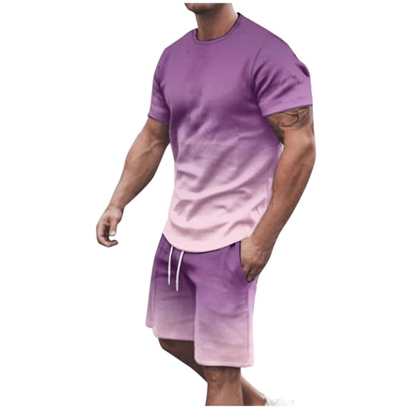 IROINNID Men's 2 Piece Summer Outfit Gradient Crewneck T Shirt and Drawstring Shorts Set Casual Matching Sportswear for Beach Vacation Daily Wear