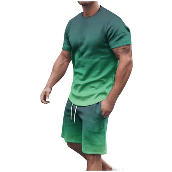IROINNID Men's 2 Piece Summer Outfit Gradient Crewneck T Shirt and Drawstring Shorts Set Casual Matching Sportswear for Beach Vacation Daily Wear