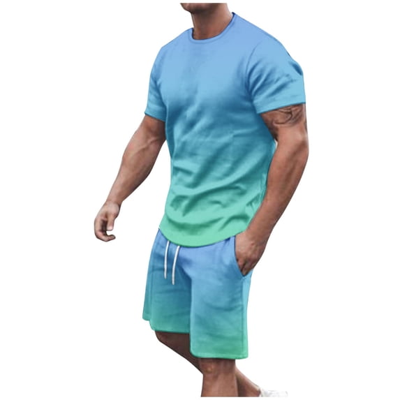 IROINNID Men's 2 Piece Summer Outfit Gradient Crewneck T Shirt and Drawstring Shorts Set Casual Matching Sportswear for Beach Vacation Daily Wear