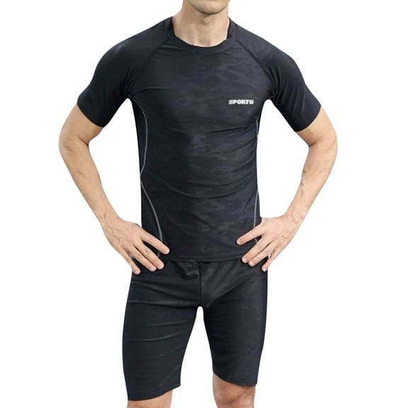 IROINNID Men's 2 Piece Swim Set Short Sleeve Rash Guard Quick Dry Swimming Suit Drawstring Five Inch Trunks for Surfing Beach Pool Water Sports