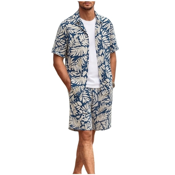 IROINNID Men's 2 Piece Tropical Leaf Print Outfit Short Sleeve Button Down Shirt and Drawstring Waist Shorts Set Casual Vacation Beachwear Summer Matching Set