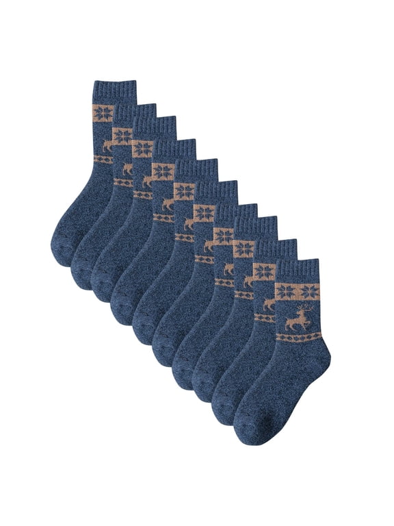 Men's 5 Pairs Winter Deer Print Terry Socks Thick Fleece Lined Mid Calf Warm Moisture Wicking Soft Cushioned Thermal Casual Socks for Cold Weather
