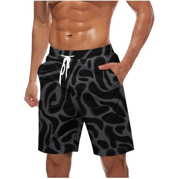 IROINNID Men's Abstract Gray Black Pattern Quick Dry Beach Shorts with Drawstring Elastic Waist and Side Pockets Lightweight Summer Vacation Swim Trunks
