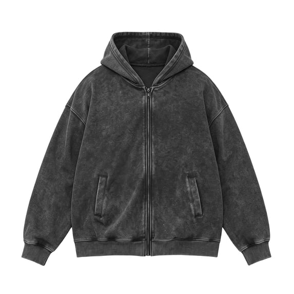 IROINNID Men's Acid Wash Full Zip Hoodie Jacket Relaxed Drop Shoulder Casual Streetwear Hooded Sweatshirt with Side Pockets Ribbed Cuffs Everyday Top
