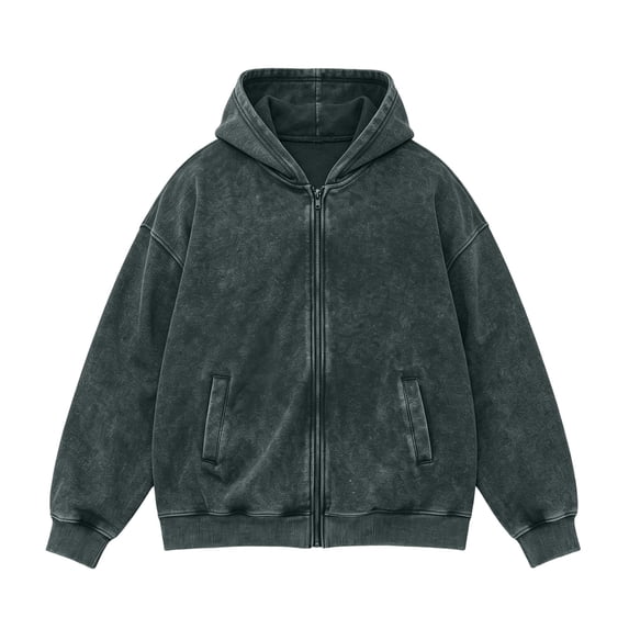 IROINNID Men's Acid Wash Full Zip Hoodie Jacket Relaxed Drop Shoulder Casual Streetwear Hooded Sweatshirt with Side Pockets Ribbed Cuffs Everyday Top