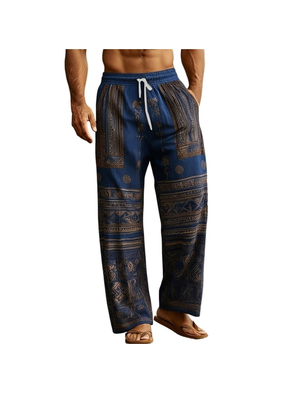 Men's Bohemian Ethnic Printed Pants Elastic Waist Drawstring Geometric Pattern Loose Wide Leg Vacation Beach Casual Trousers
