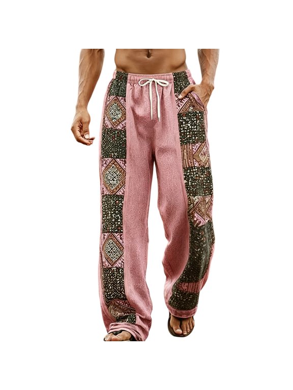 Men's Bohemian Patchwork Printed Pants Elastic Waist Drawstring Ethnic Wide Leg Casual Vacation Beach Trousers