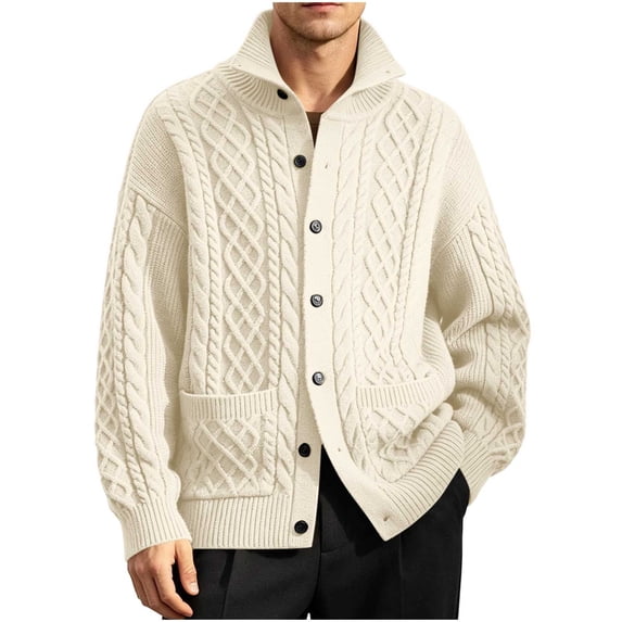 IROINNID Men's Cable Knit Button Down Cardigan Sweater Stand Collar Long Sleeve Relaxed Fit Winter Warm Casual Outerwear with Front Pockets