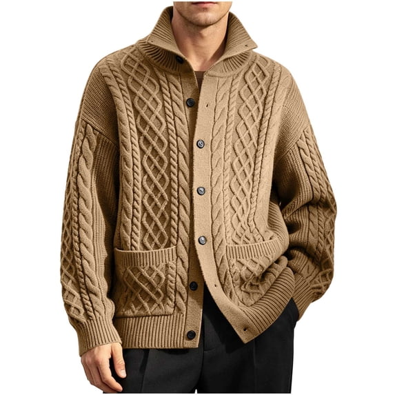 IROINNID Men's Cable Knit Button Down Cardigan Sweater Stand Collar Long Sleeve Relaxed Fit Winter Warm Casual Outerwear with Front Pockets