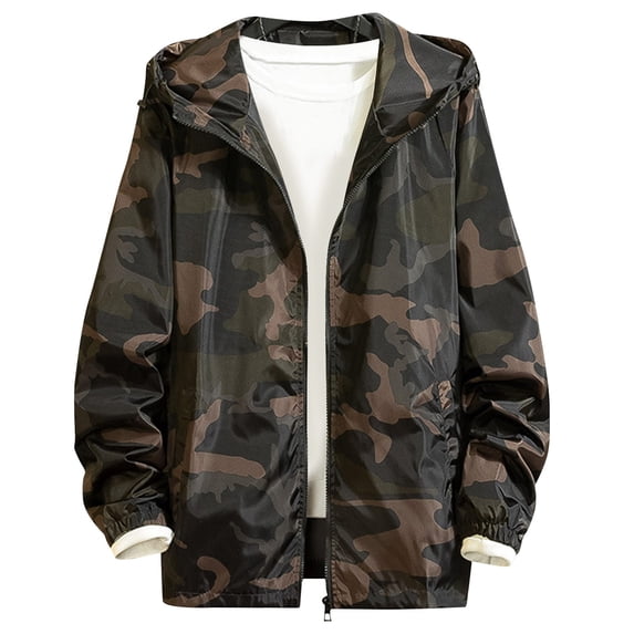 IROINNID Men's Camo Hooded Windbreaker Jacket Lightweight Zip Up Casual Outdoor Sports Coat with Pockets Adjustable Drawstring Hem for Spring Fall Daily Wear