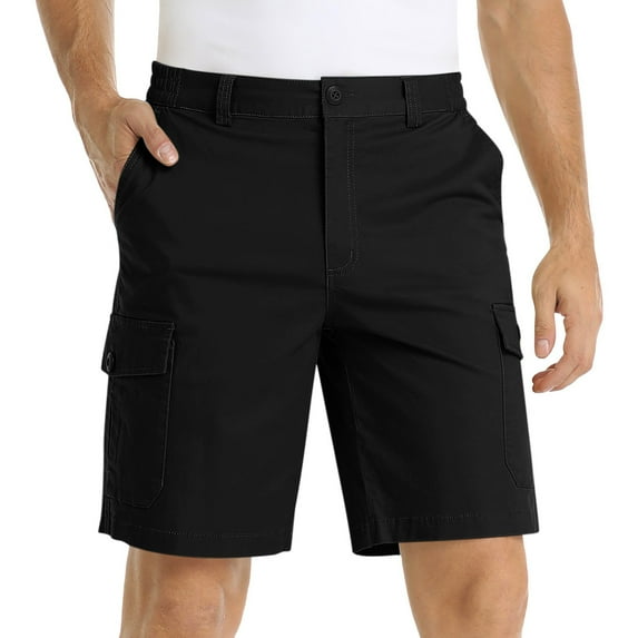 IROINNID Men's Casual Solid Half Cut Shorts Elastic Waist Straight Bermuda Shorts Sport Shorts with Multi-pockets, Black