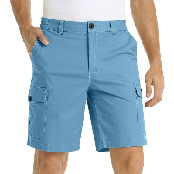 IROINNID Men's Casual Solid Half Cut Shorts Elastic Waist Straight Bermuda Shorts Sport Shorts with Multi-pockets, Blue