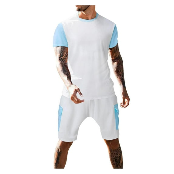 IROINNID Men's Casual Summer Solid Short Sleeve O-Neck Top And Shorts Set