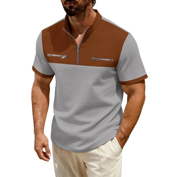 IROINNID Men's Color Block Waffle Knit Short Sleeve Half Zip Stand Collar Shirt with Zipper Pockets Casual Active Top Lightweight Breathable Summer Golf Outdoor Everyday Wear