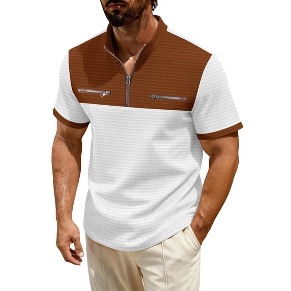 IROINNID Men's Color Block Waffle Knit Short Sleeve Half Zip Stand Collar Shirt with Zipper Pockets Casual Active Top Lightweight Breathable Summer Golf Outdoor Everyday Wear