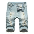 thumbnail image 1 of IROINNID Men's Denim Bermuda Shorts Zipper Elastic Waist Jeans Casual Play Wrap Ripped Men's Mid-length Denim Pants, Light Blue, 1 of 2