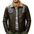 thumbnail image 1 of IROINNID Men's Faux Leather Jacket Sherpa Collar Snap Button Front Casual Winter Coat with Two Chest Pockets Warm PU Outerwear Top, 1 of 5