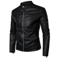 thumbnail image 1 of IROINNID Men's Faux Leather Long Sleeve Solid Color Loose Plus Fleece Jacket, Motorcycle Jacket, Warm Zipper Jacket, 1 of 9