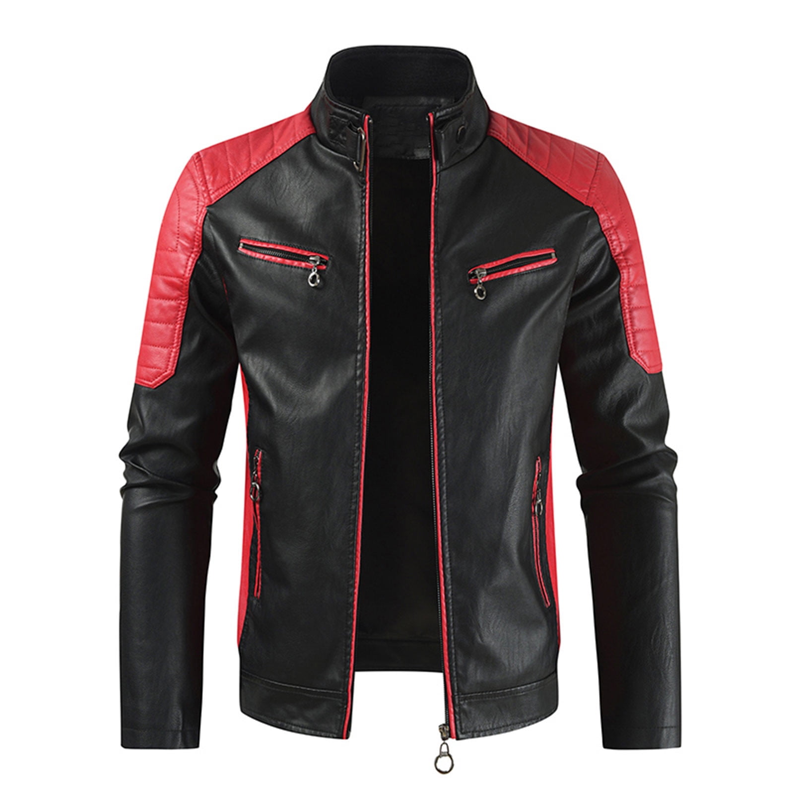 IROINNID Men's Faux Leather Stand Collar Long Sleeve Color Block Leisure Stand Collar Pocket Color Block Jacket