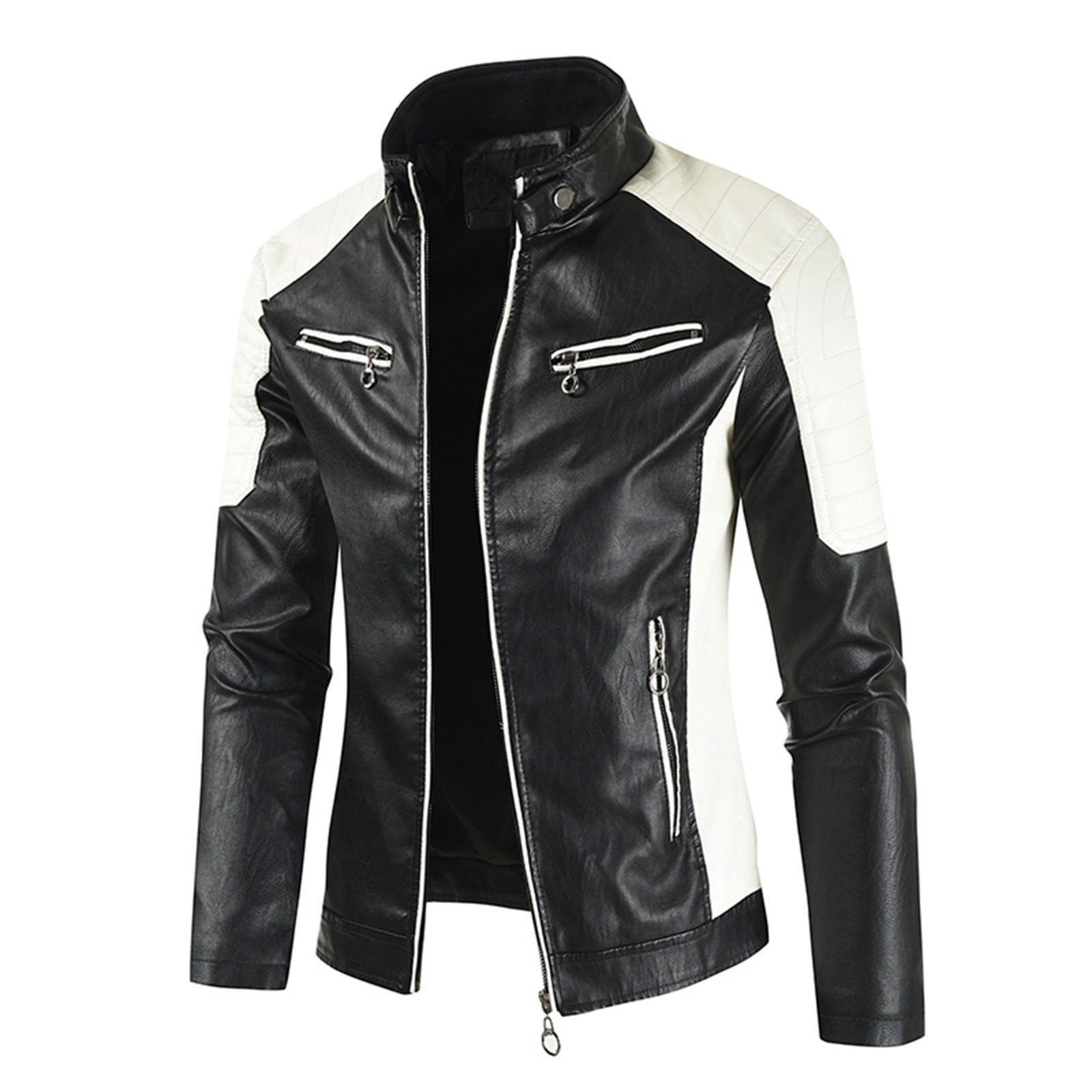IROINNID Men's Faux Leather Stand Collar Long Sleeve Color Block Leisure Stand Collar Pocket Color Block Jacket