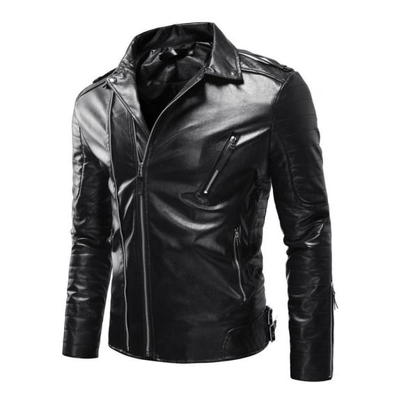 IROINNID Men's Faux Leather Turndown Lapel Long Sleeve Solid Color Leisure Autumn Winter Motorcycle Jacket Coat Outwear & Jackets
