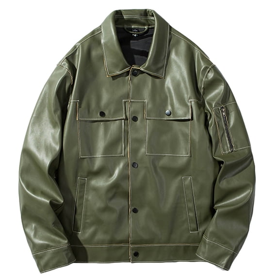 IROINNID Men's Faux Leather Turndown Lapel Long Sleeve Solid Color Leisure Jacket Stand Collar Motorcycle Washed Outwear & Jackets