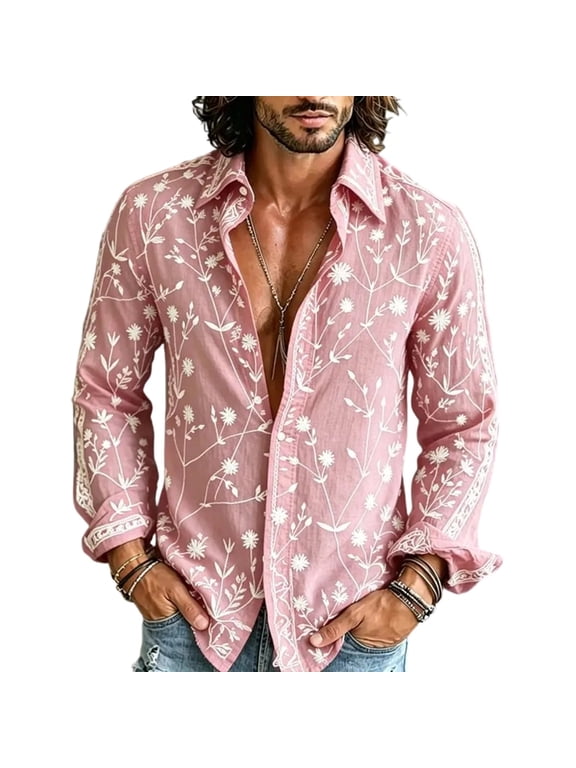 Men's Floral Print Long Sleeve Button-Up Shirt Turndown Collar Botanical Pattern Relaxed Fit Casual Vacation Party Daily Wear Breathable Top