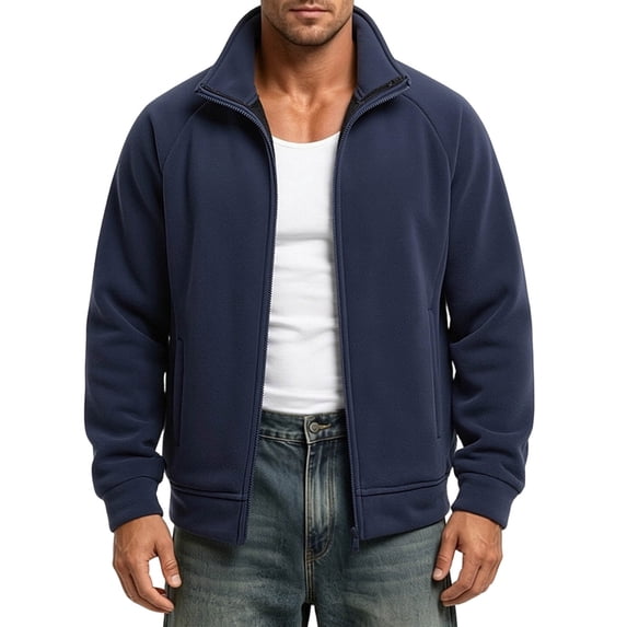 IROINNID Men's Full Zip Fleece Jacket Stand Collar Casual Winter Warm Outerwear Raglan Sleeve with Side Pockets Lightweight Soft Cozy Everyday Top