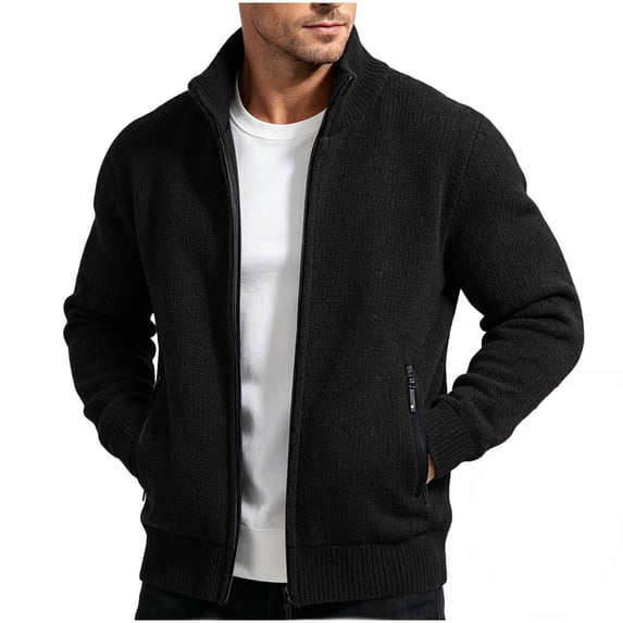 IROINNID Men's Full Zip Fleece Lined Knit Cardigan Sweater Stand Collar Winter Warm Casual Outerwear Jacket with Zipper Pockets Ribbed Trim
