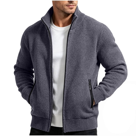 IROINNID Men's Full Zip Fleece Lined Knit Cardigan Sweater Stand Collar Winter Warm Casual Outerwear Jacket with Zipper Pockets Ribbed Trim