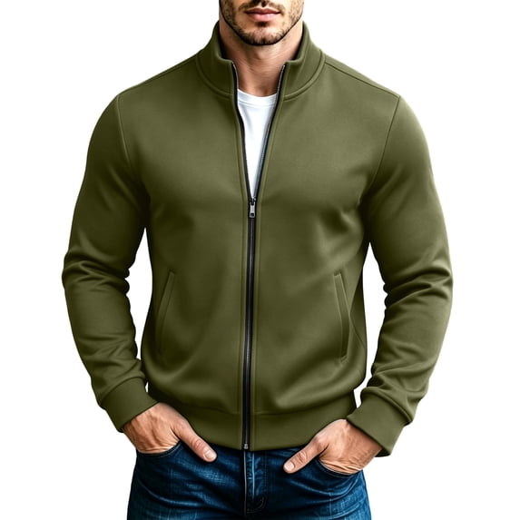IROINNID Men's Full Zip Mock Neck Jacket Long Sleeve Casual Track Top with Side Pockets Solid Color Stand Collar Lightweight Outerwear for Fall Winter Daily Wear