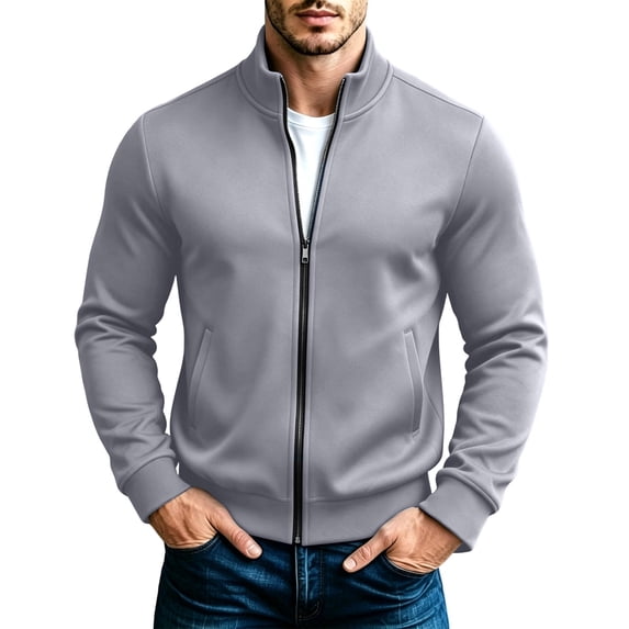 IROINNID Men's Full Zip Mock Neck Jacket Long Sleeve Casual Track Top with Side Pockets Solid Color Stand Collar Lightweight Outerwear for Fall Winter Daily Wear