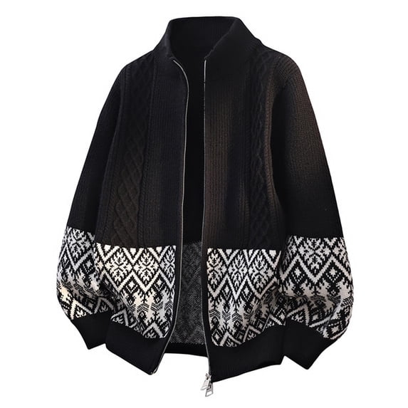 IROINNID Men's Full Zip Stand Collar Cardigan Sweater Cable Knit Fair Isle Jacquard Hem Two Way Zipper Casual Winter Warm Layering Top