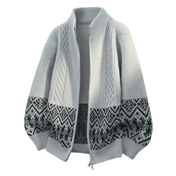 IROINNID Men's Full Zip Stand Collar Cardigan Sweater Cable Knit Fair Isle Jacquard Hem Two Way Zipper Casual Winter Warm Layering Top