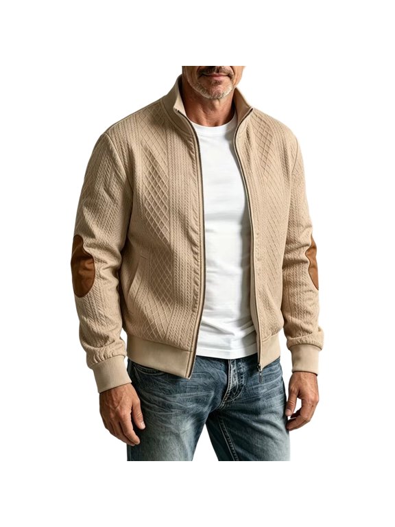 Men's Full Zip Stand Collar Knit Jacket Textured Pattern Long Sleeve with Elbow Patches Casual Bomber Coat for Office Daily Commute and Weekend Outings