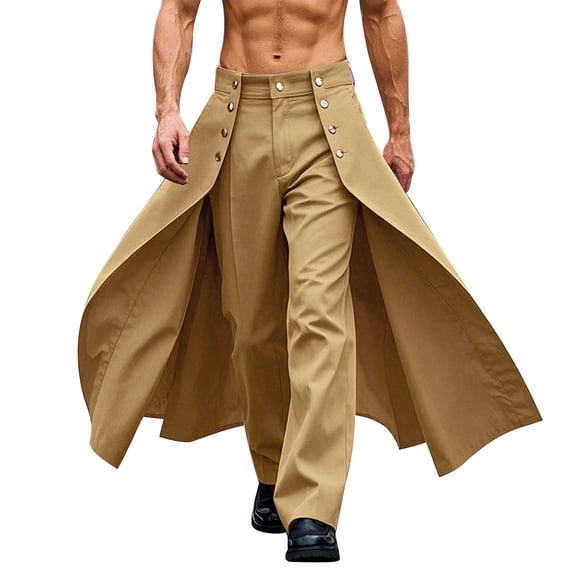 IROINNID Men's Gothic High Waist Pants Stylish Button Decor Split Overlay Layered Straight Leg Steampunk Medieval Themed Party Fashion Trousers